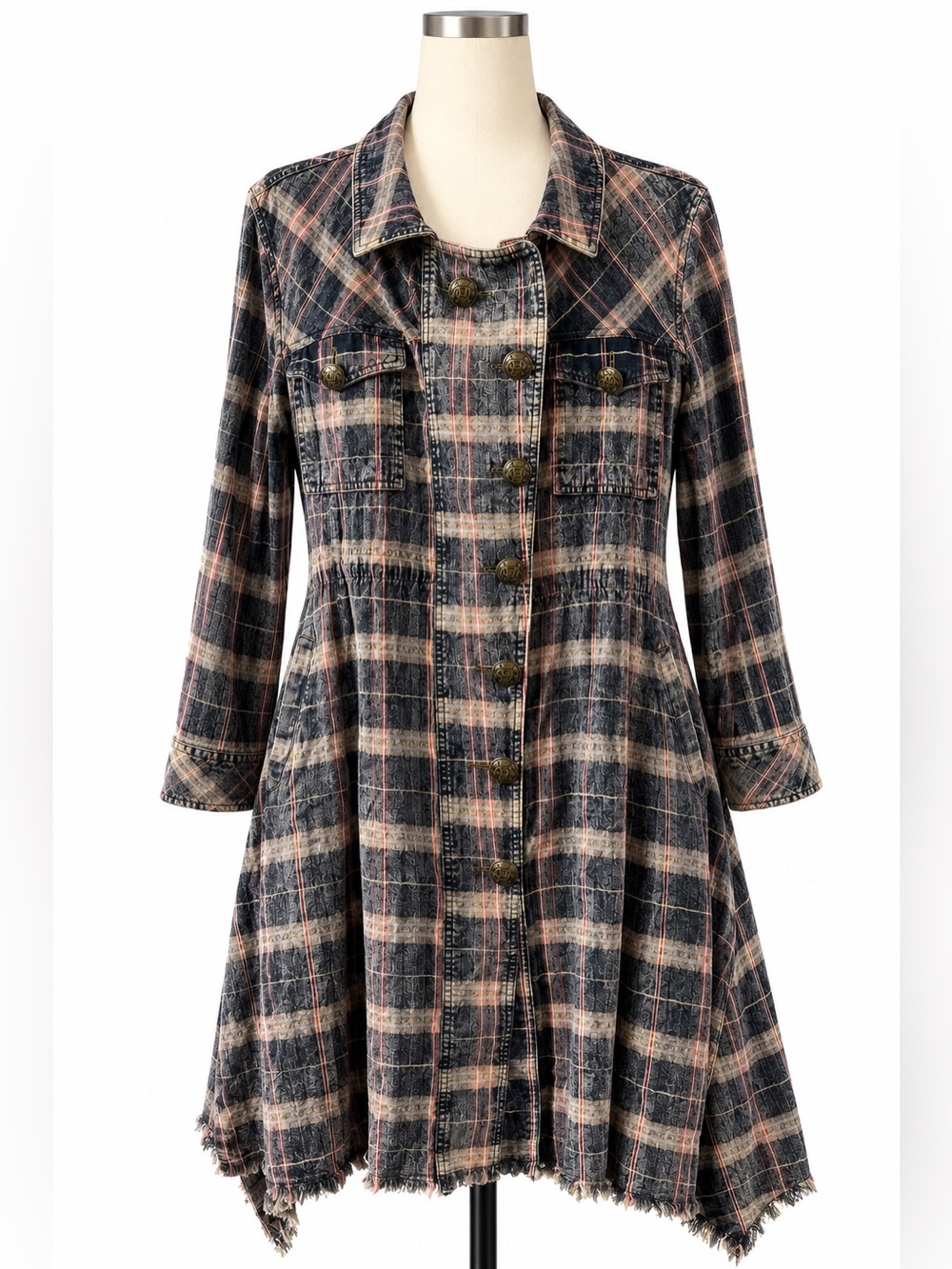 Aratta Plaid Trench Coat - Black & Cream with metallic threads, Cinch Waist